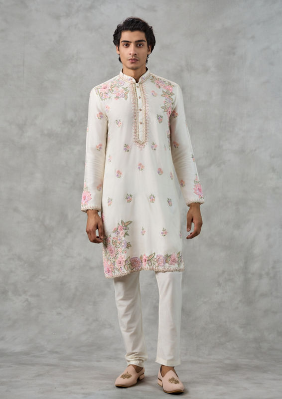Twamev Men Elegant Cream Art Silk Kurta Churidar