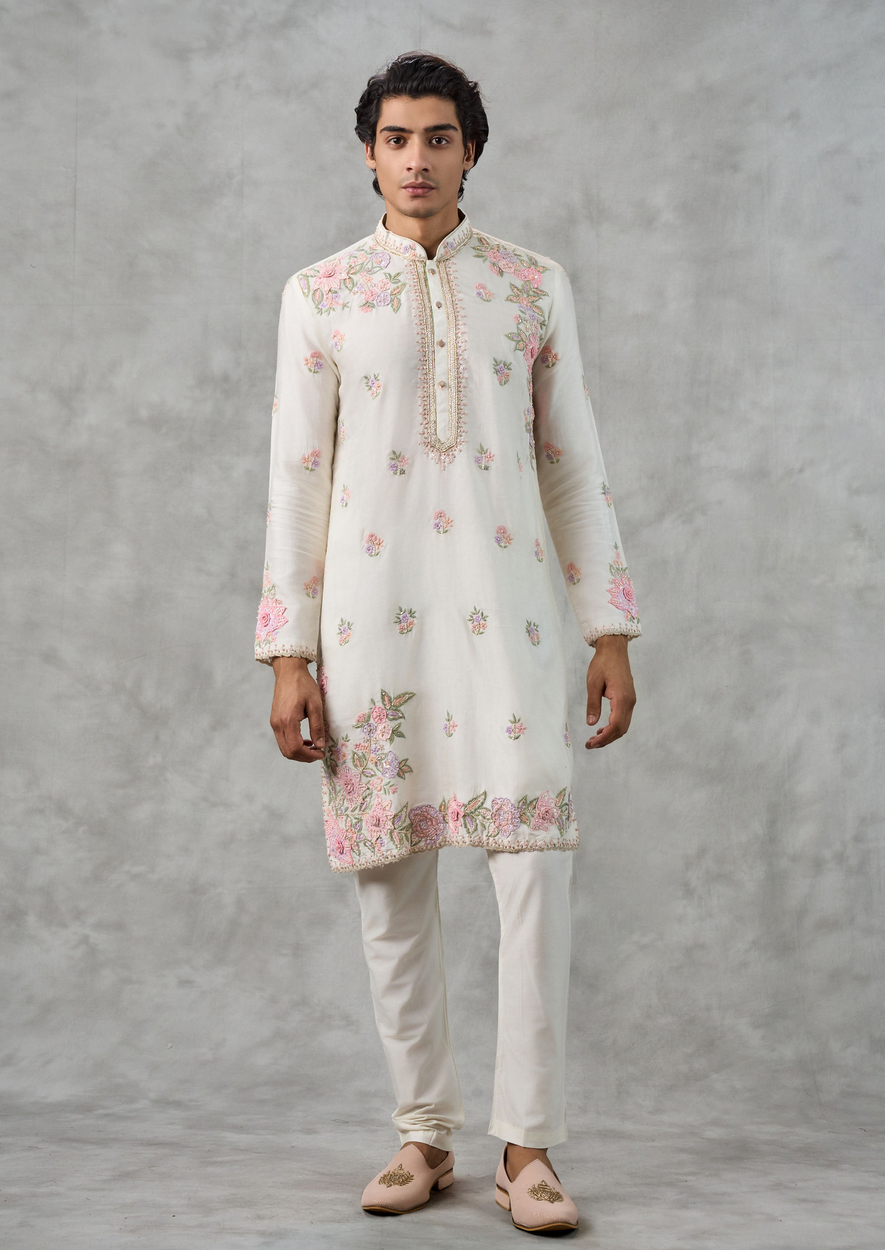 Twamev Men Elegant Cream Art Silk Kurta Churidar