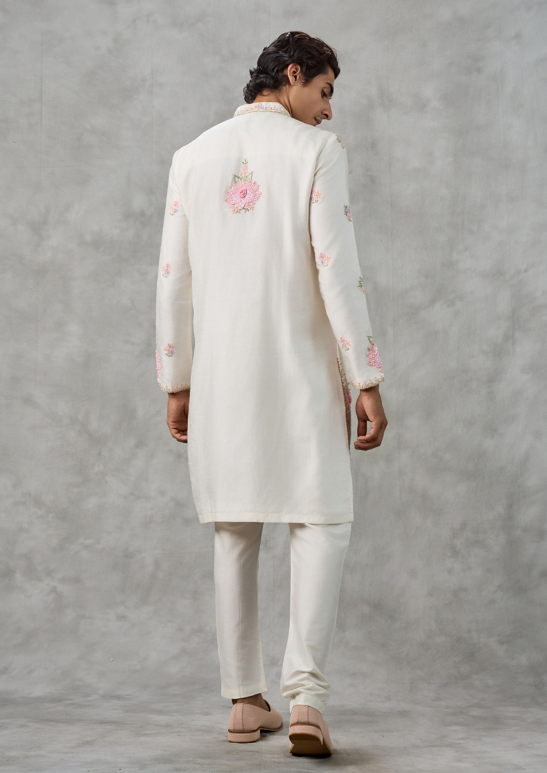 Twamev Men Elegant Cream Art Silk Kurta Churidar