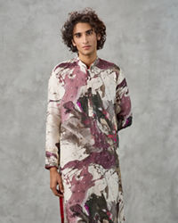 Twamev Men Ivory Viscose Thread Embroidered Abstract Printed Kurta Pant Set