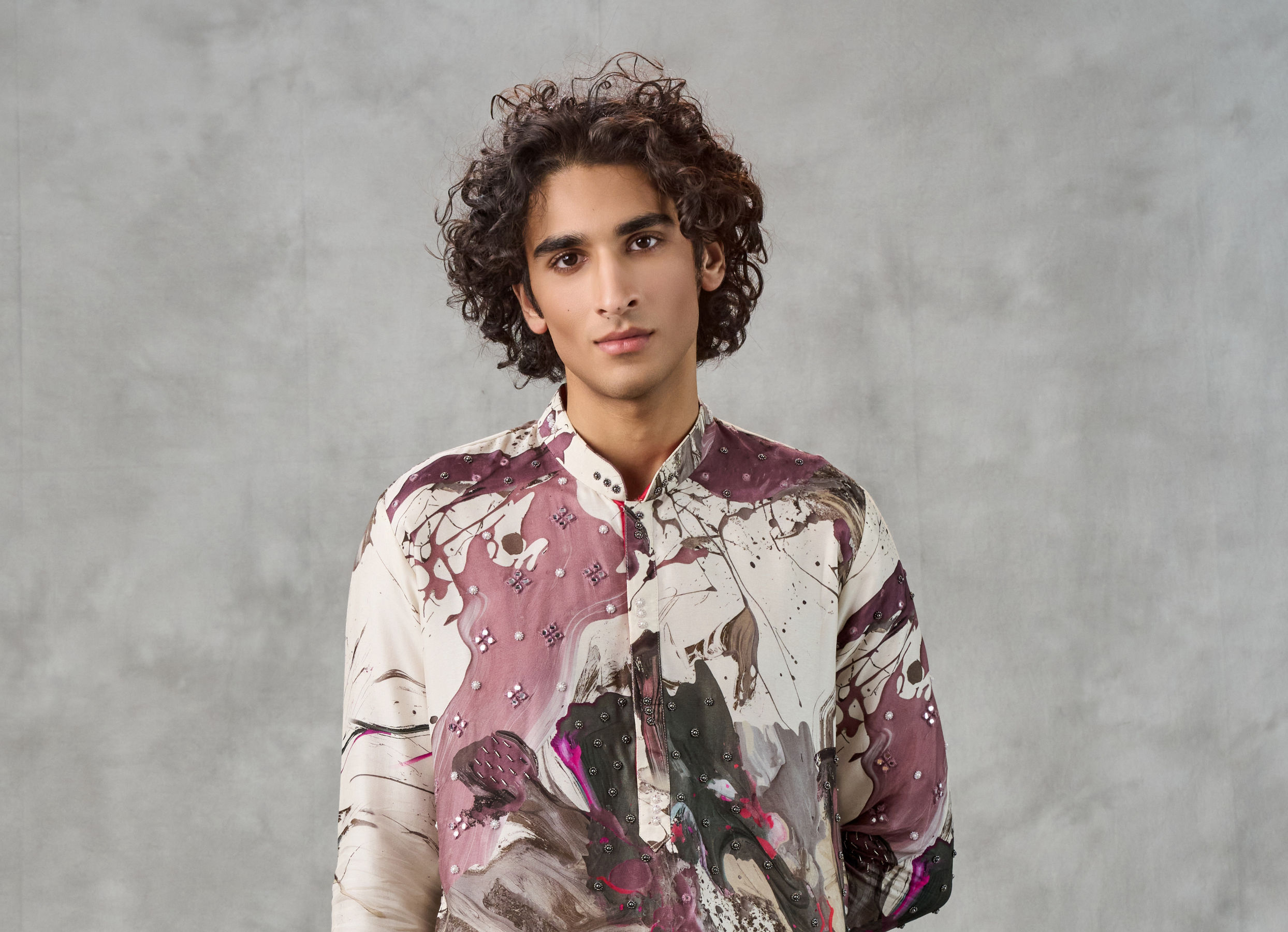Twamev Men Ivory Viscose Thread Embroidered Abstract Printed Kurta Pant Set