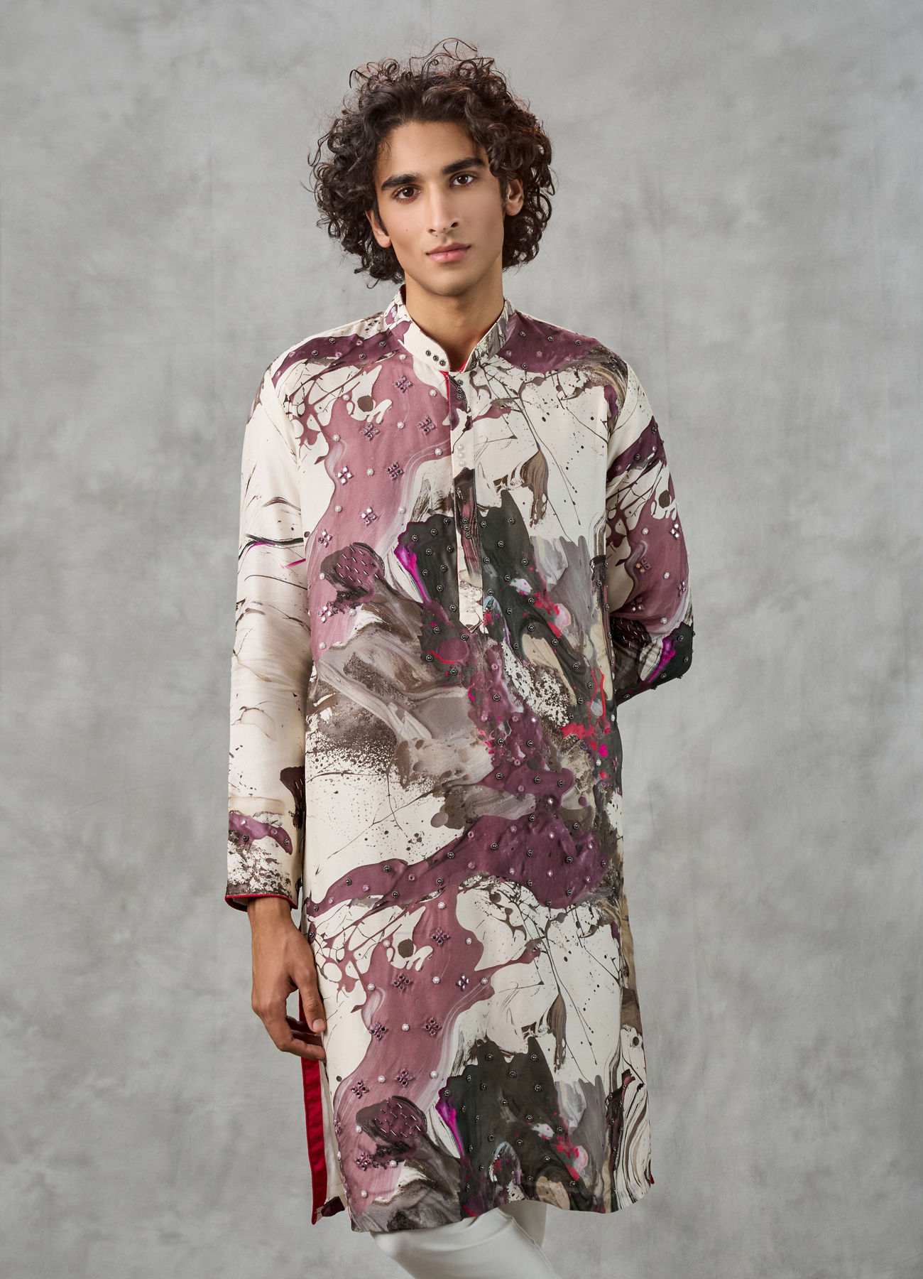 Twamev Men Ivory Viscose Thread Embroidered Abstract Printed Kurta Pant Set