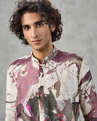 Twamev Men Ivory Viscose Thread Embroidered Abstract Printed Kurta Pant Set