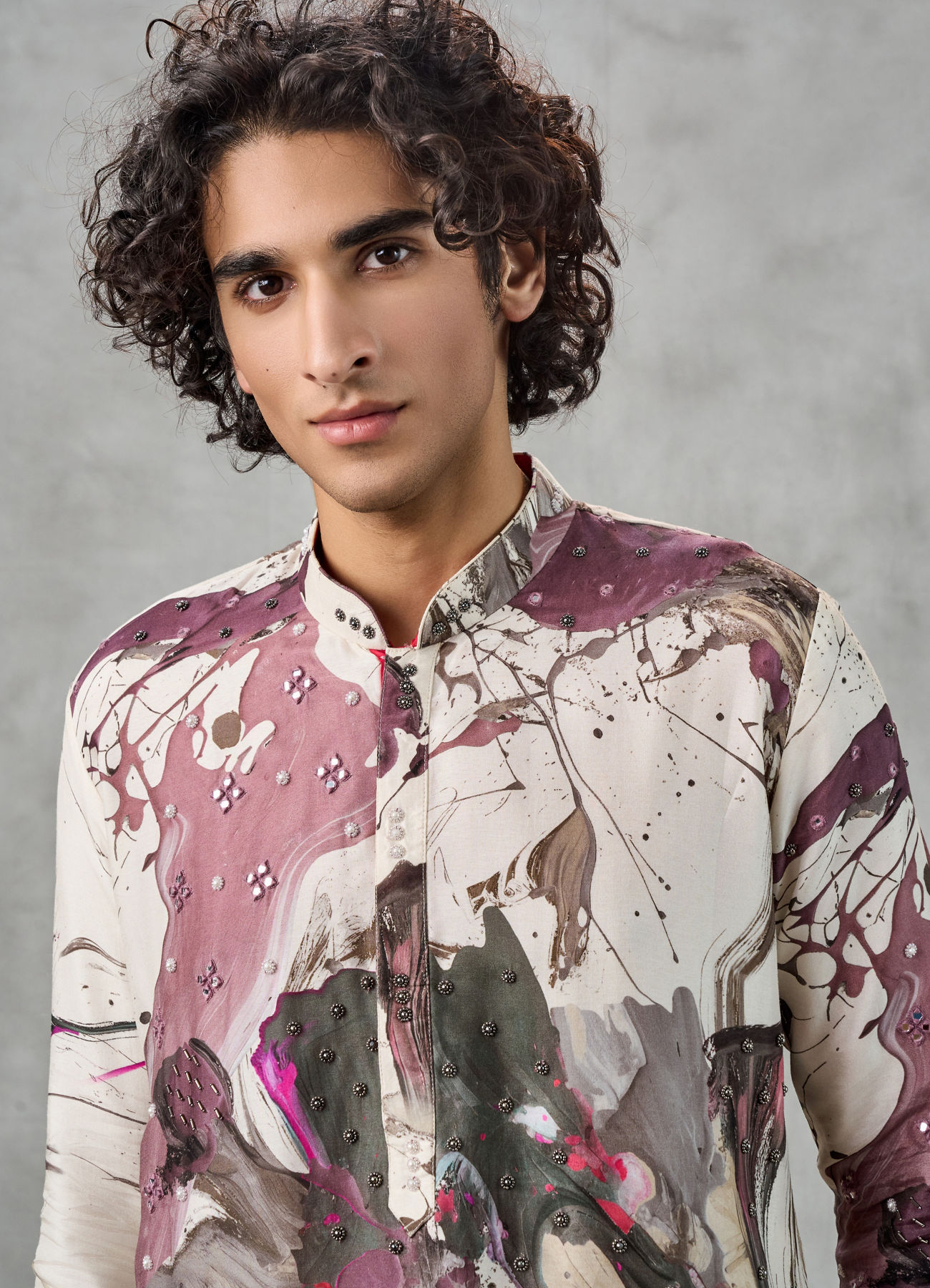 Twamev Men Ivory Viscose Thread Embroidered Abstract Printed Kurta Pant Set