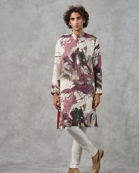 Twamev Men Ivory Viscose Thread Embroidered Abstract Printed Kurta Pant Set
