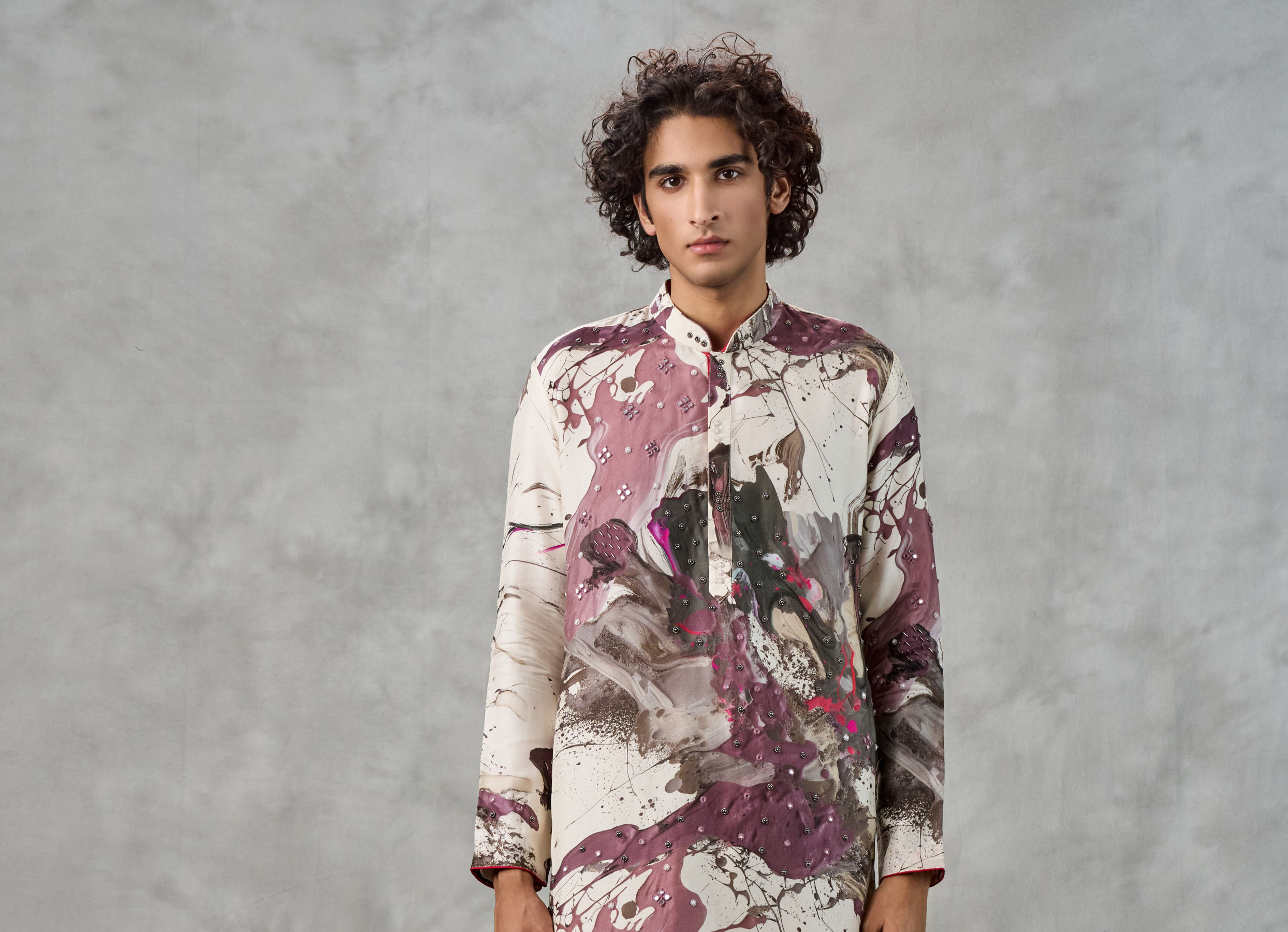Twamev Men Ivory Viscose Thread Embroidered Abstract Printed Kurta Pant Set