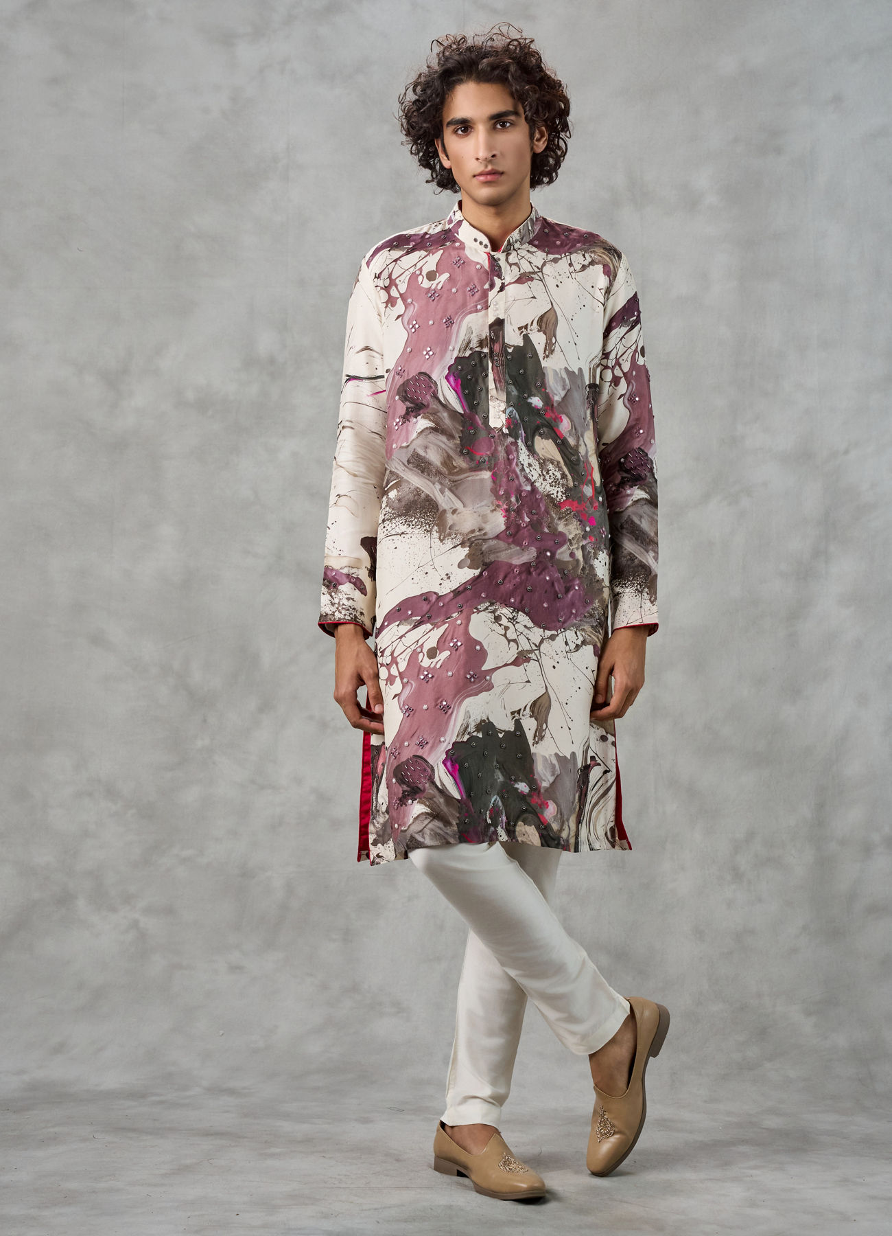 Twamev Men Ivory Viscose Thread Embroidered Abstract Printed Kurta Pant Set