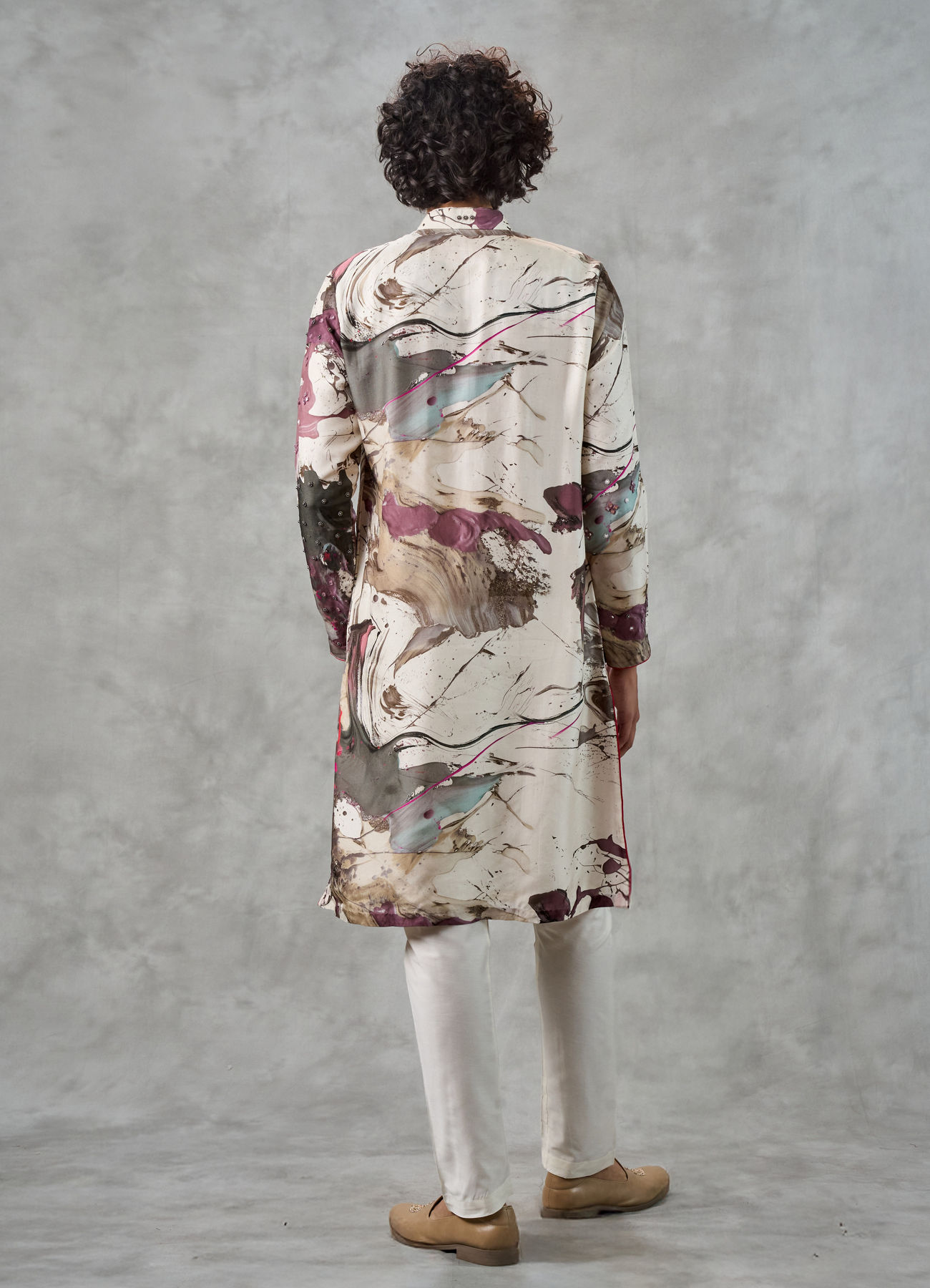 Twamev Men Ivory Viscose Thread Embroidered Abstract Printed Kurta Pant Set
