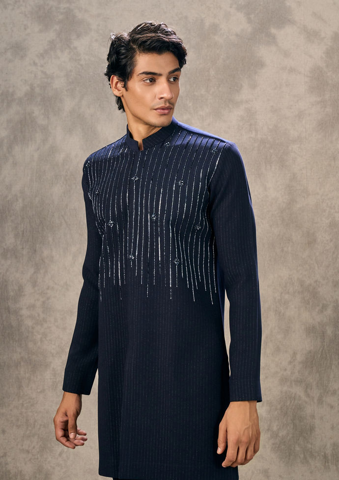 Twamev Men Dark Blue Chepe Cutdana Embroidered Kurta Pant Set