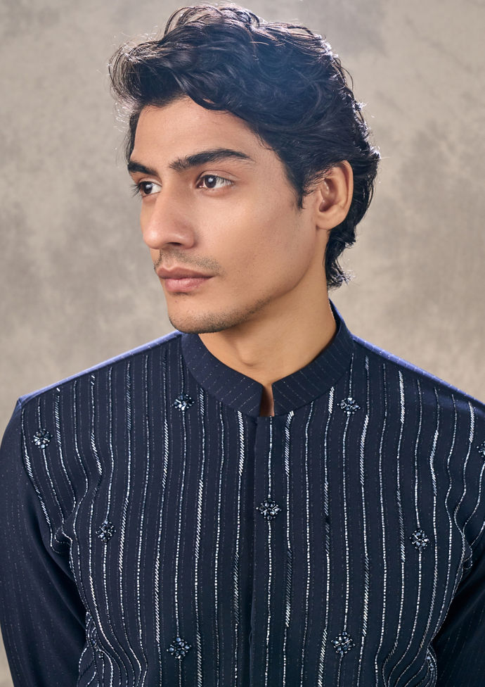 Twamev Men Dark Blue Chepe Cutdana Embroidered Kurta Pant Set