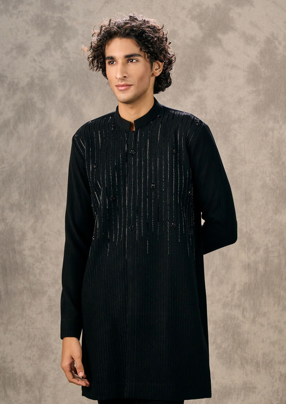 Twamev Men Elegant Black Knit Kurta Pant