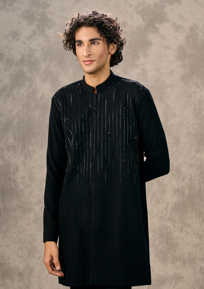 Twamev Men Elegant Black Knit Kurta Pant