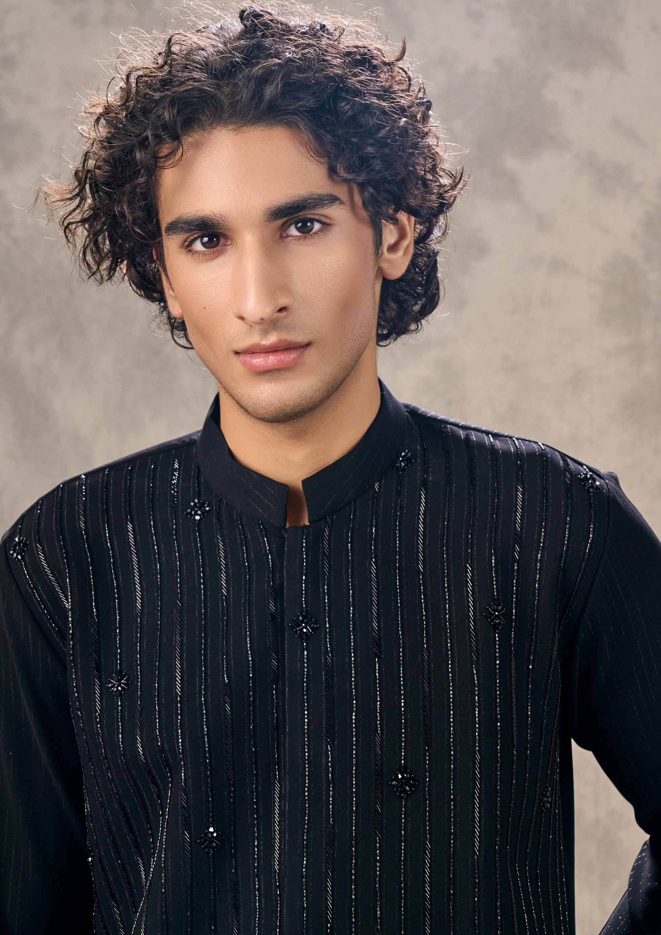 Twamev Men Elegant Black Knit Kurta Pant