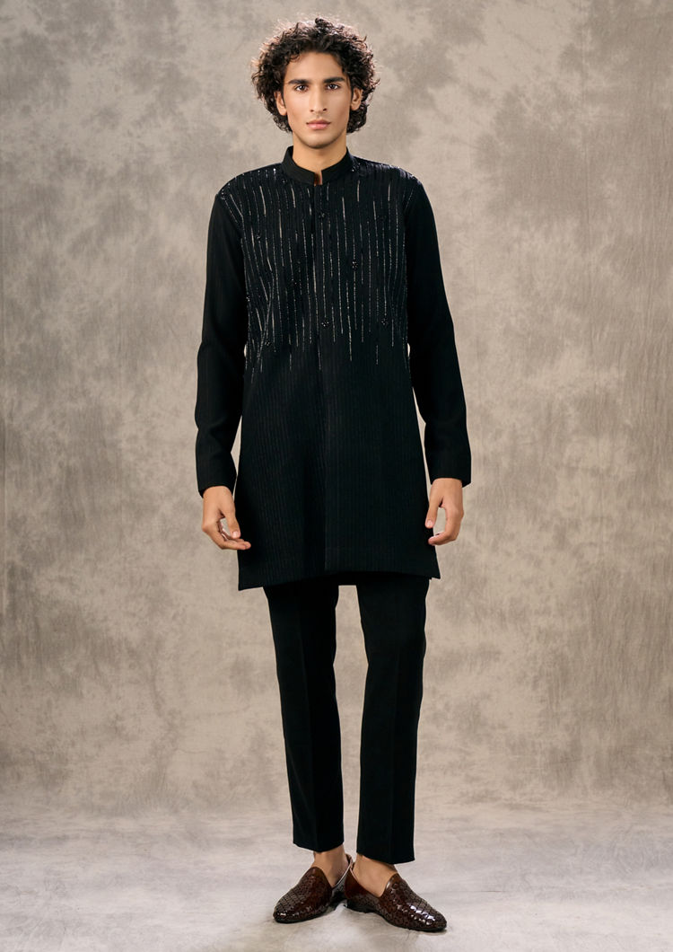 Twamev Men Elegant Black Knit Kurta Pant