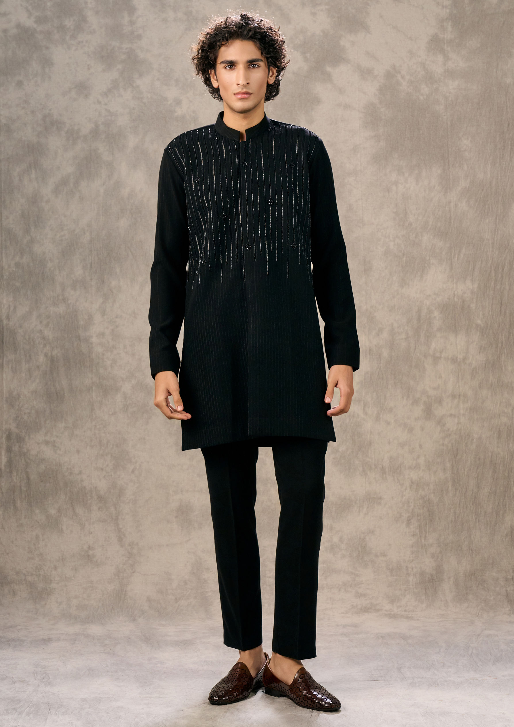 Twamev Men Elegant Black Knit Kurta Pant