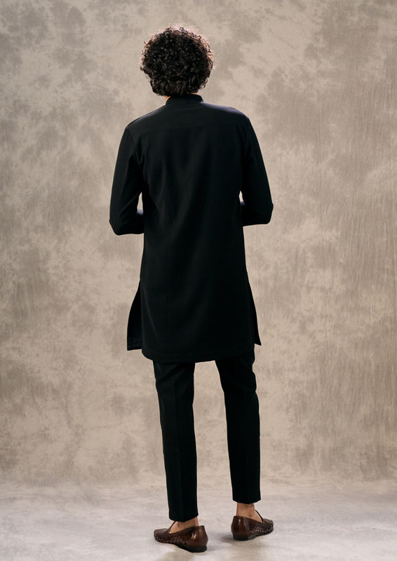 Twamev Men Elegant Black Knit Kurta Pant