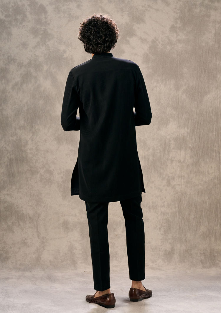 Twamev Men Elegant Black Knit Kurta Pant