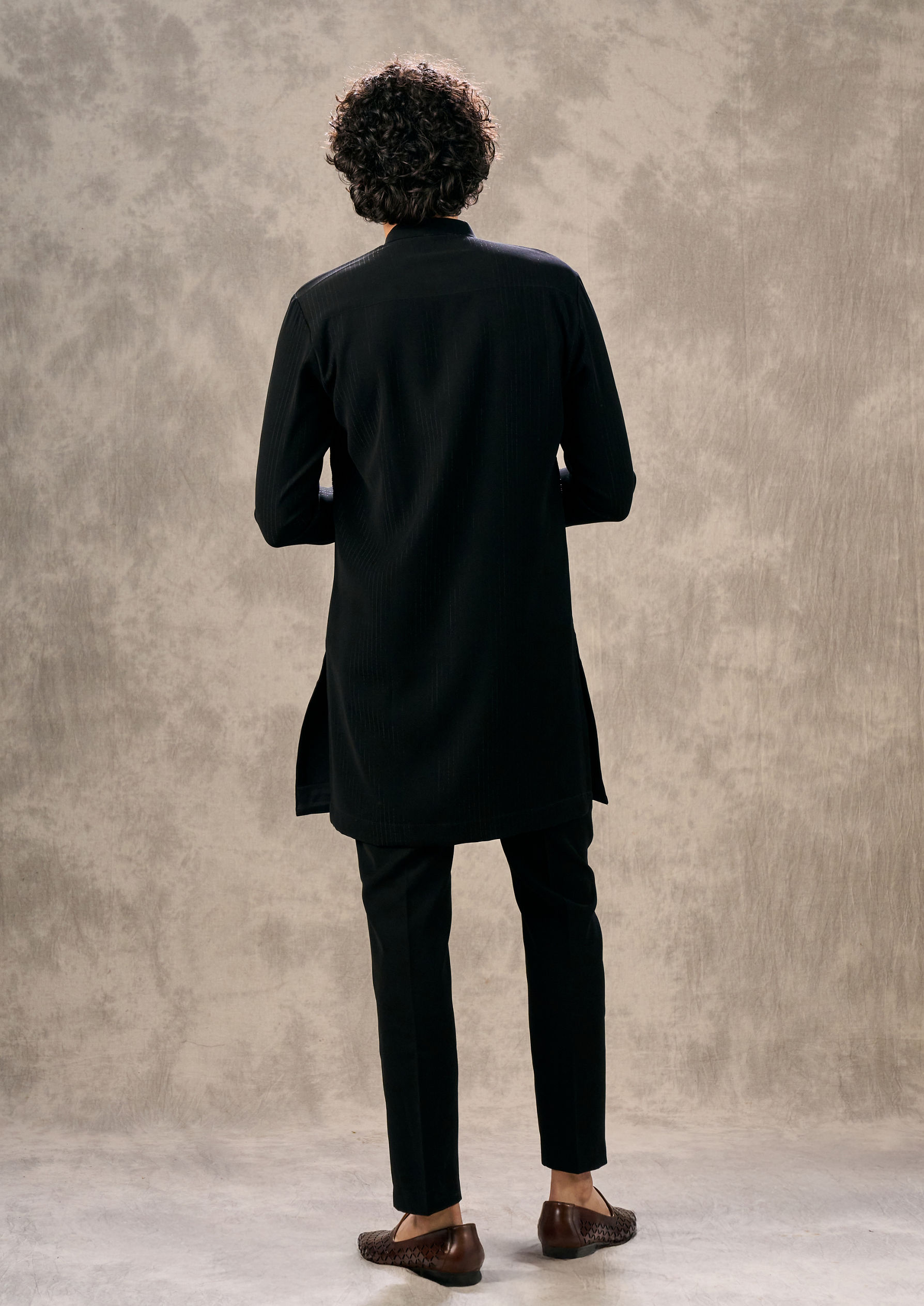 Twamev Men Elegant Black Knit Kurta Pant