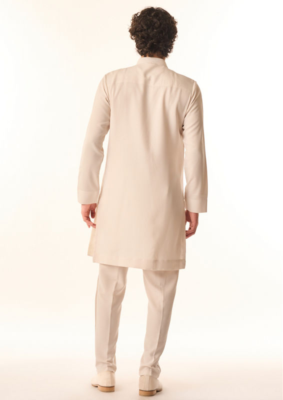 Twamev Men Ivory Crepe Floral Hand Embroidered Kurta Pant Set