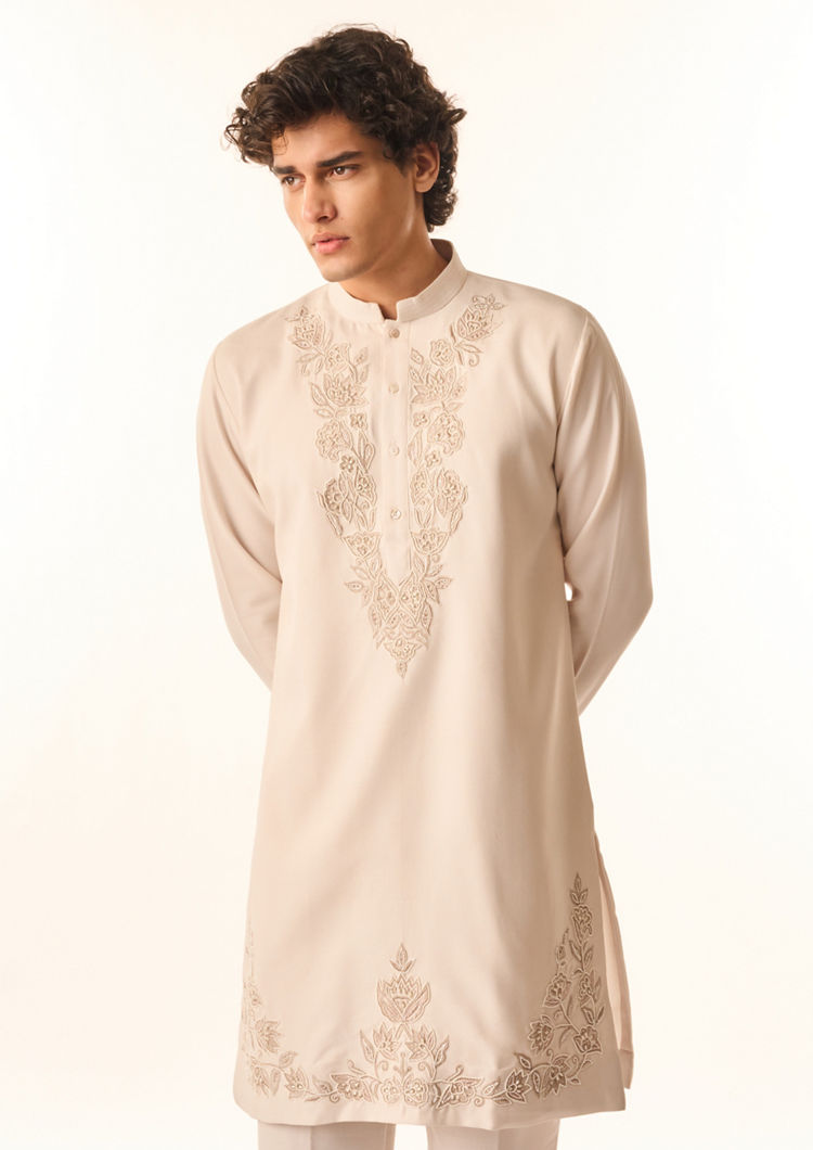 Twamev Men Ivory Crepe Floral Hand Embroidered Kurta Pant Set