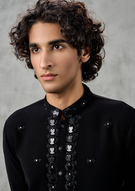 Twamev Men Black Crepe Hand Embroidered Kurta Pant Set