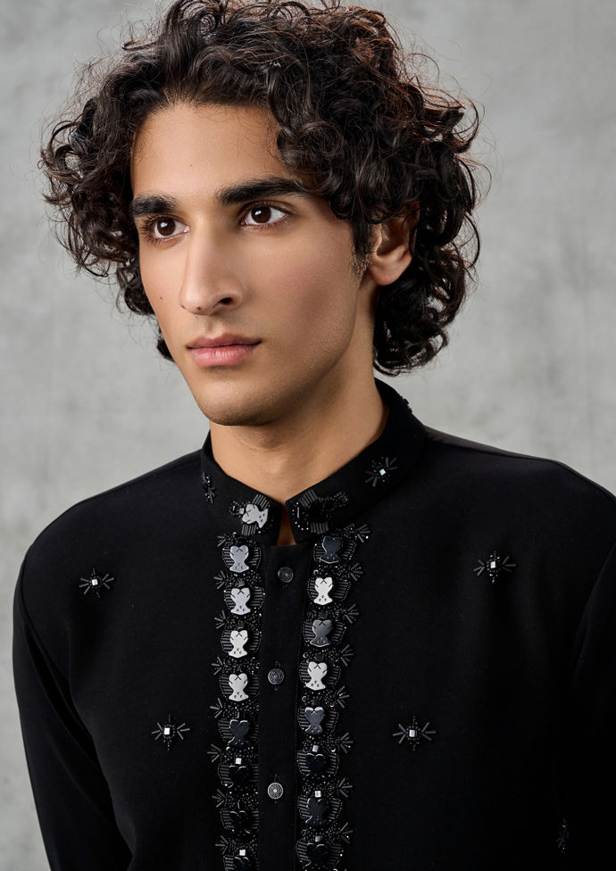 Twamev Men Black Crepe Hand Embroidered Kurta Pant Set