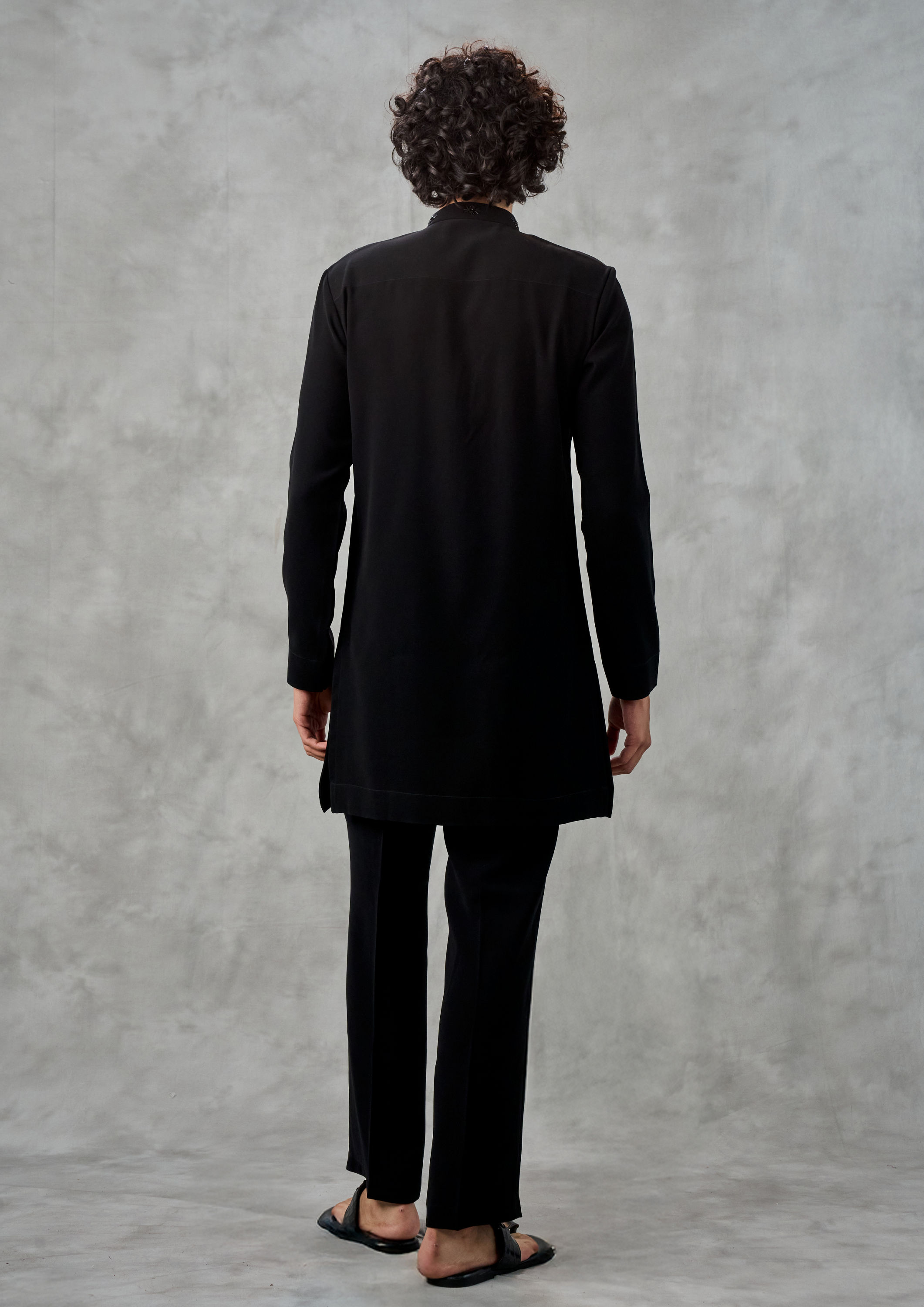 Twamev Men Black Crepe Hand Embroidered Kurta Pant Set