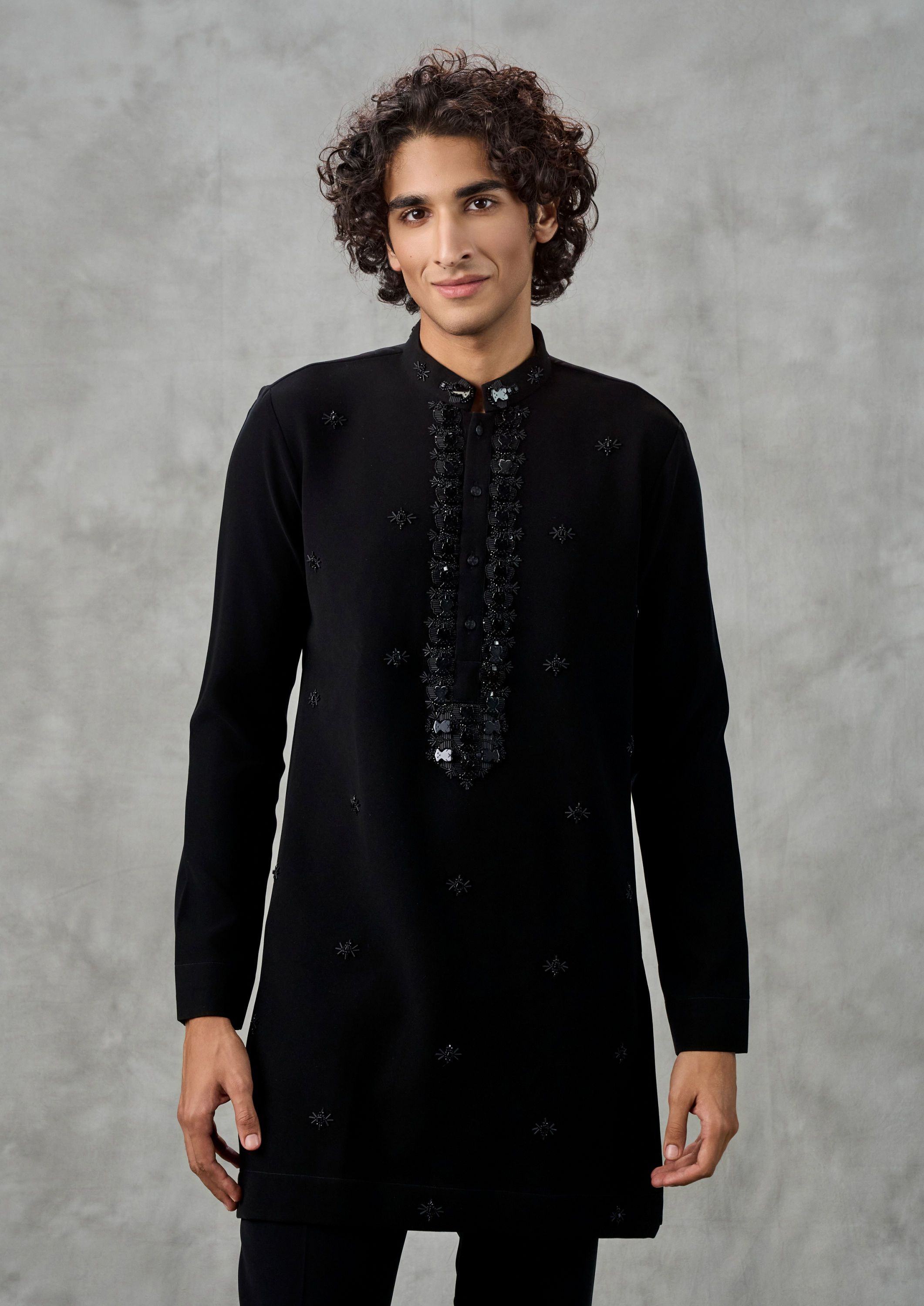 Twamev Men Black Crepe Hand Embroidered Kurta Pant Set