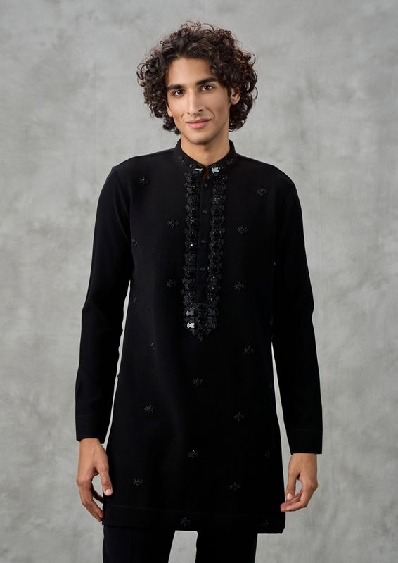 Twamev Men Black Crepe Hand Embroidered Kurta Pant Set