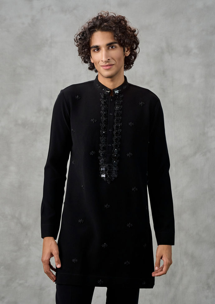 Twamev Men Black Crepe Hand Embroidered Kurta Pant Set