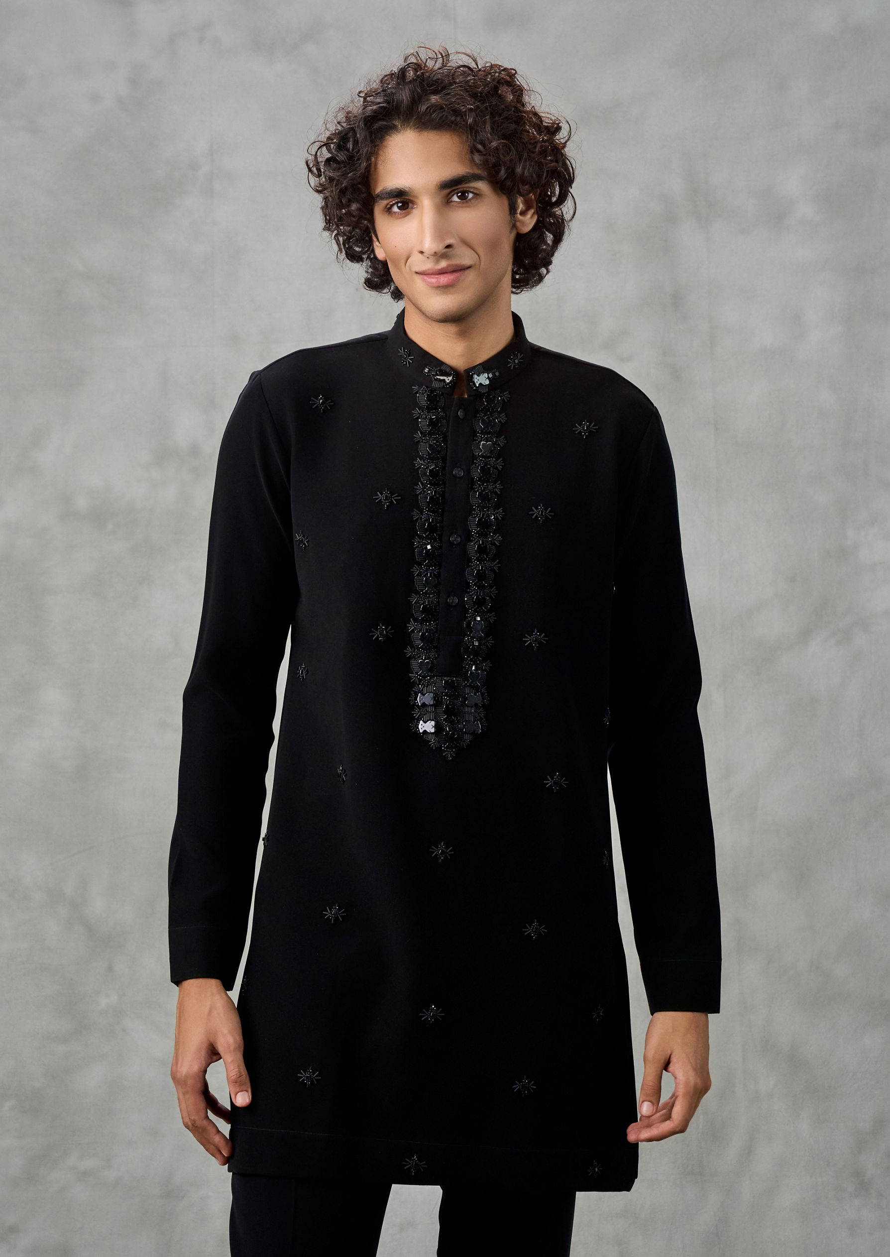 Twamev Men Black Crepe Hand Embroidered Kurta Pant Set