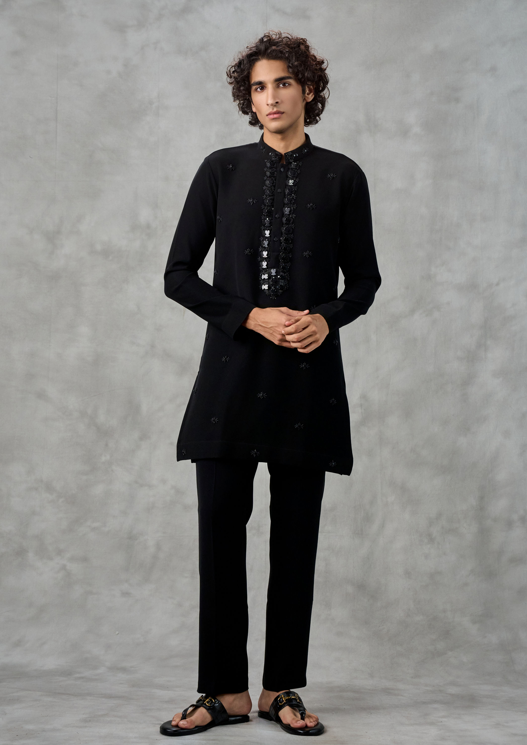 Twamev Men Black Crepe Hand Embroidered Kurta Pant Set
