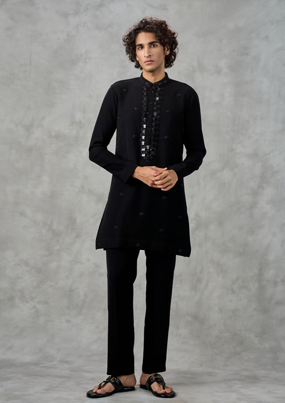 Twamev Men Black Crepe Hand Embroidered Kurta Pant Set