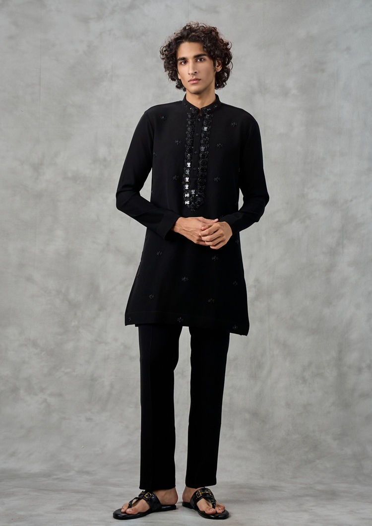 Twamev Men Black Crepe Hand Embroidered Kurta Pant Set