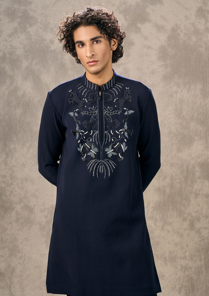 Twamev Men Dark Blue Crepe Hand Embroidered Kurta Pant Set