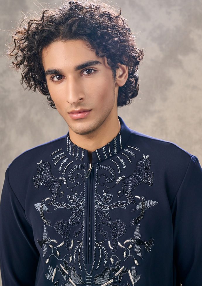 Twamev Men Dark Blue Crepe Hand Embroidered Kurta Pant Set