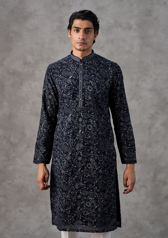 Twamev Men Elegant Dark Blue Georgette Kurta Churidar