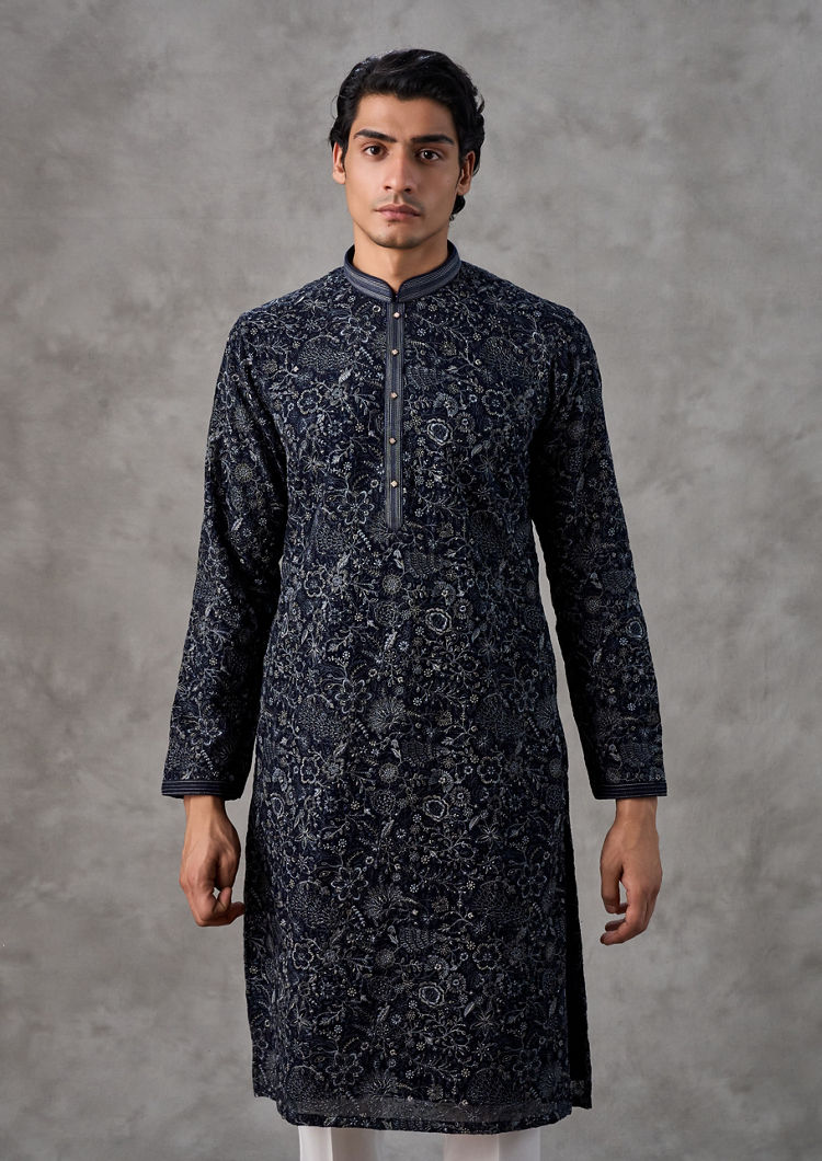 Twamev Men Elegant Dark Blue Georgette Kurta Churidar