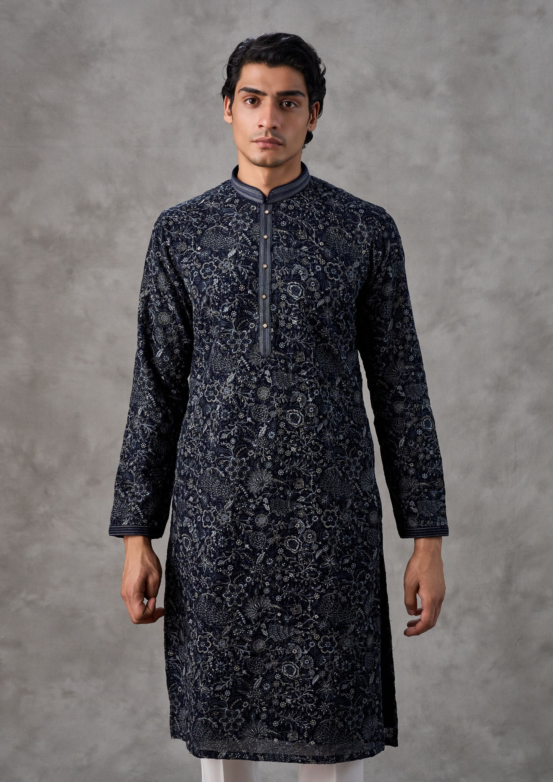 Twamev Men Elegant Dark Blue Georgette Kurta Churidar