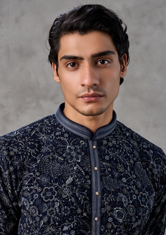 Twamev Men Elegant Dark Blue Georgette Kurta Churidar
