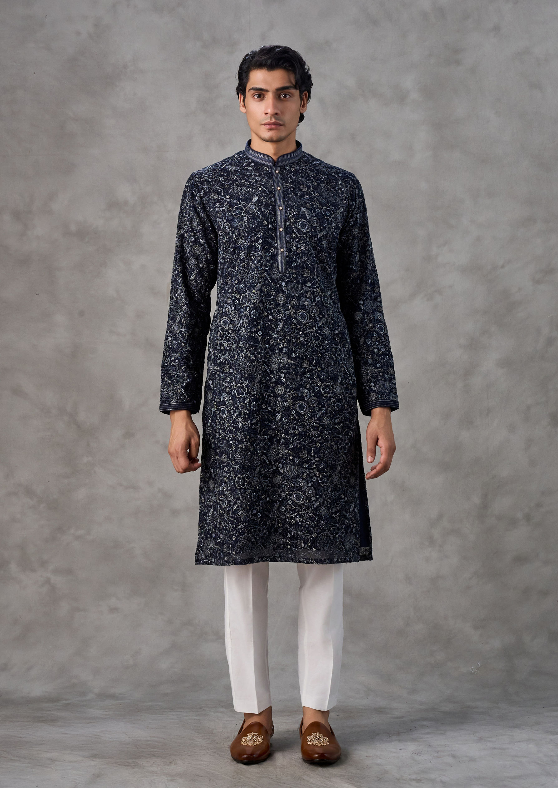 Twamev Men Elegant Dark Blue Georgette Kurta Churidar