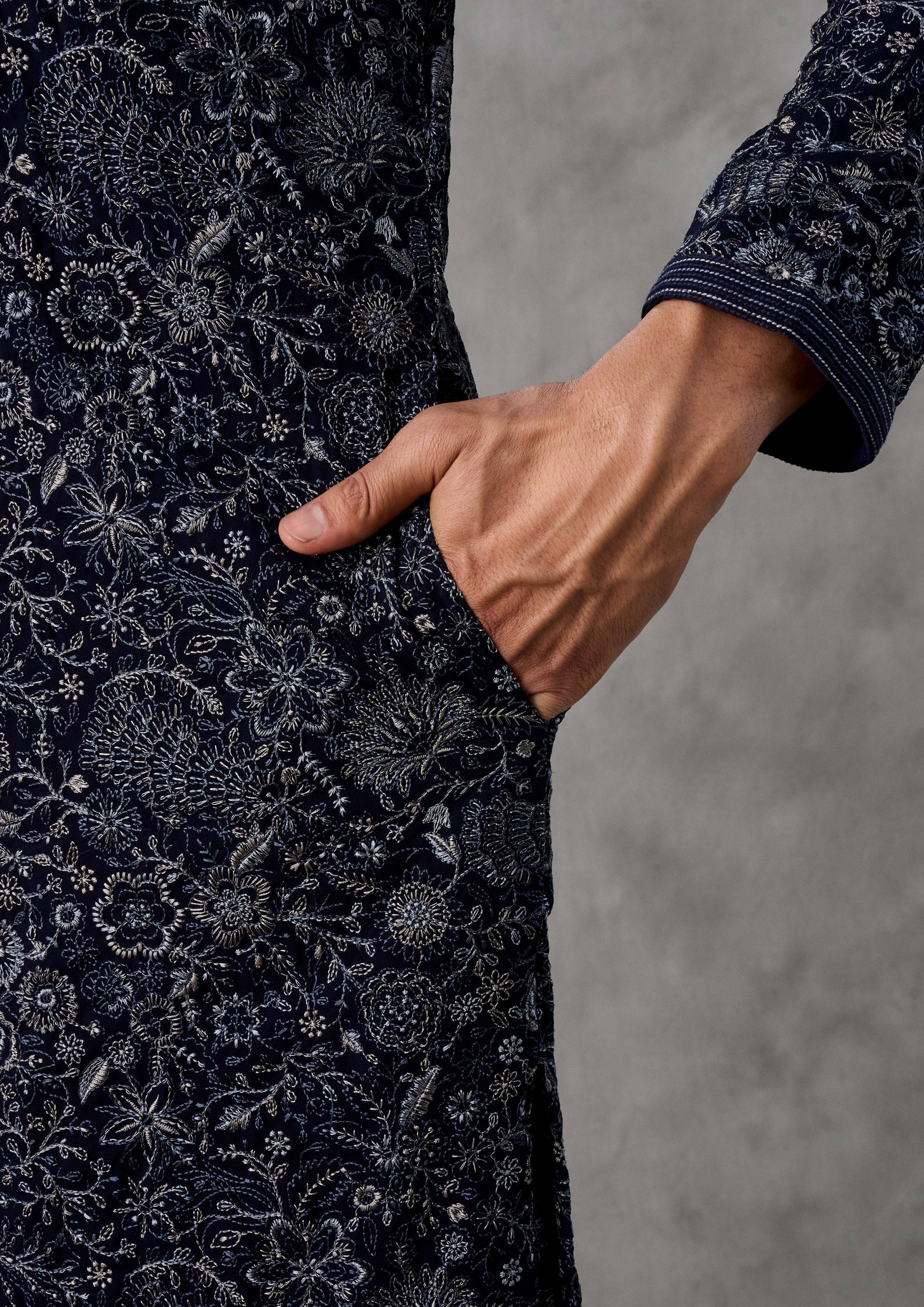 Twamev Men Elegant Dark Blue Georgette Kurta Churidar