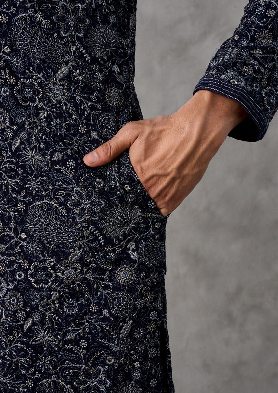 Twamev Men Elegant Dark Blue Georgette Kurta Churidar