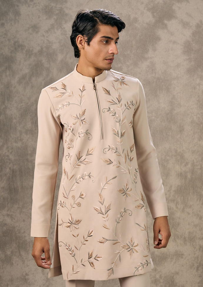 Twamev Men Beige Crepe Floral Embroidered Kurta Pant Set