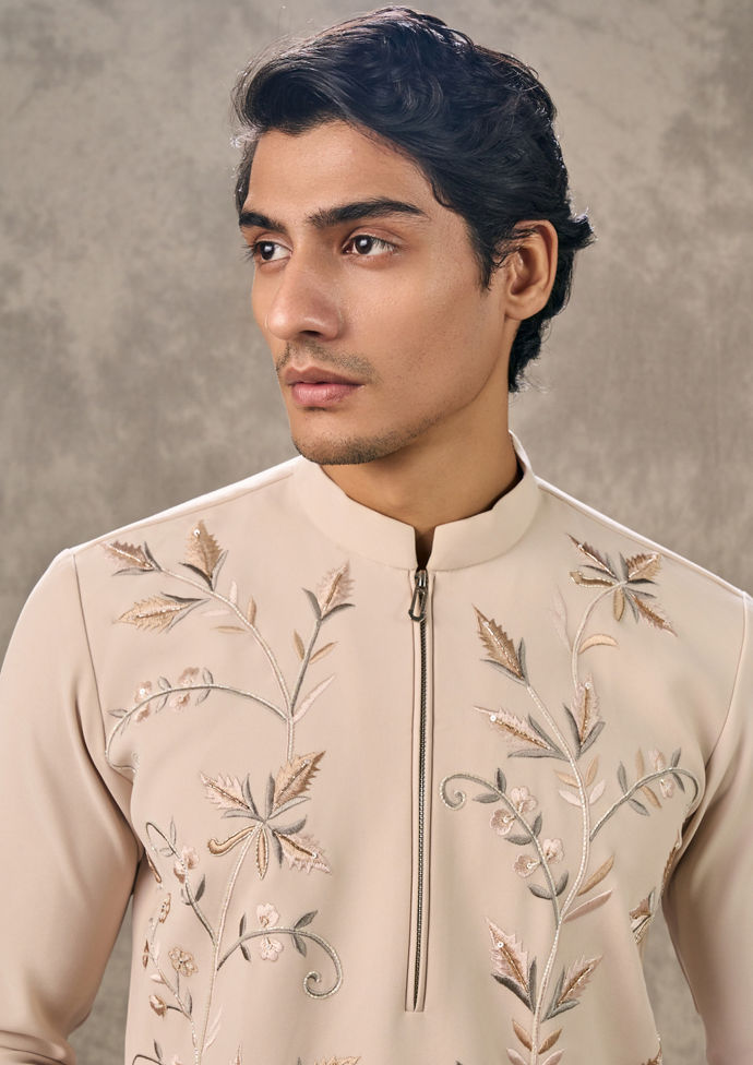 Twamev Men Beige Crepe Floral Embroidered Kurta Pant Set