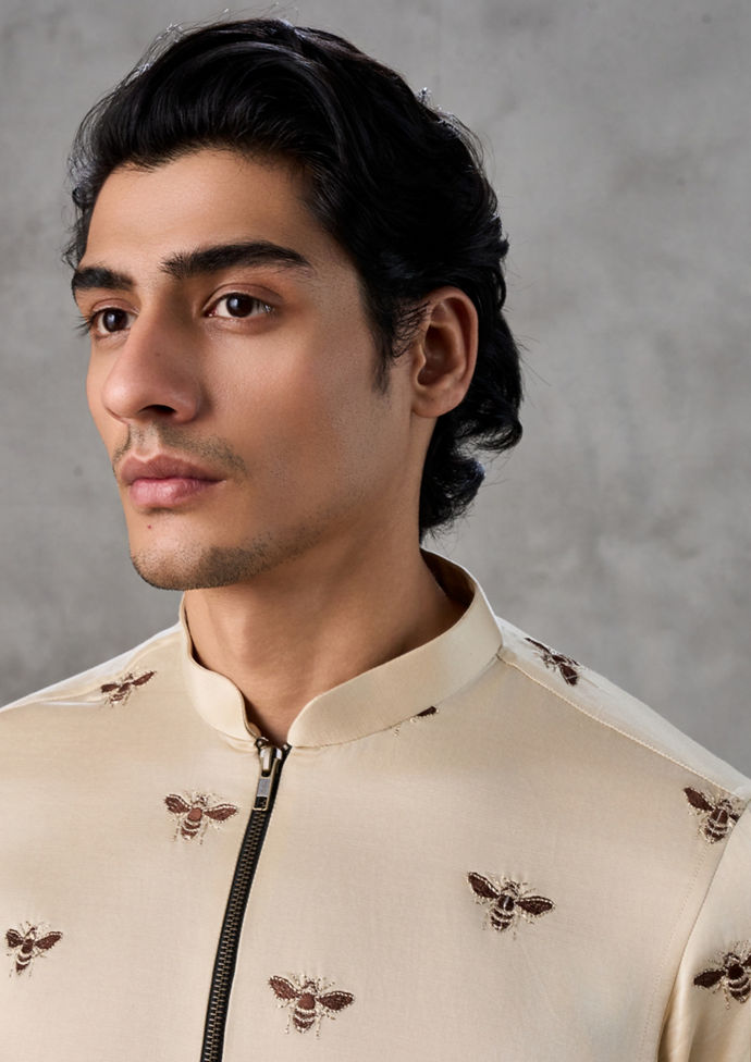 Twamev Men Beige Satin Bee Motif Embroidered Kurta Set