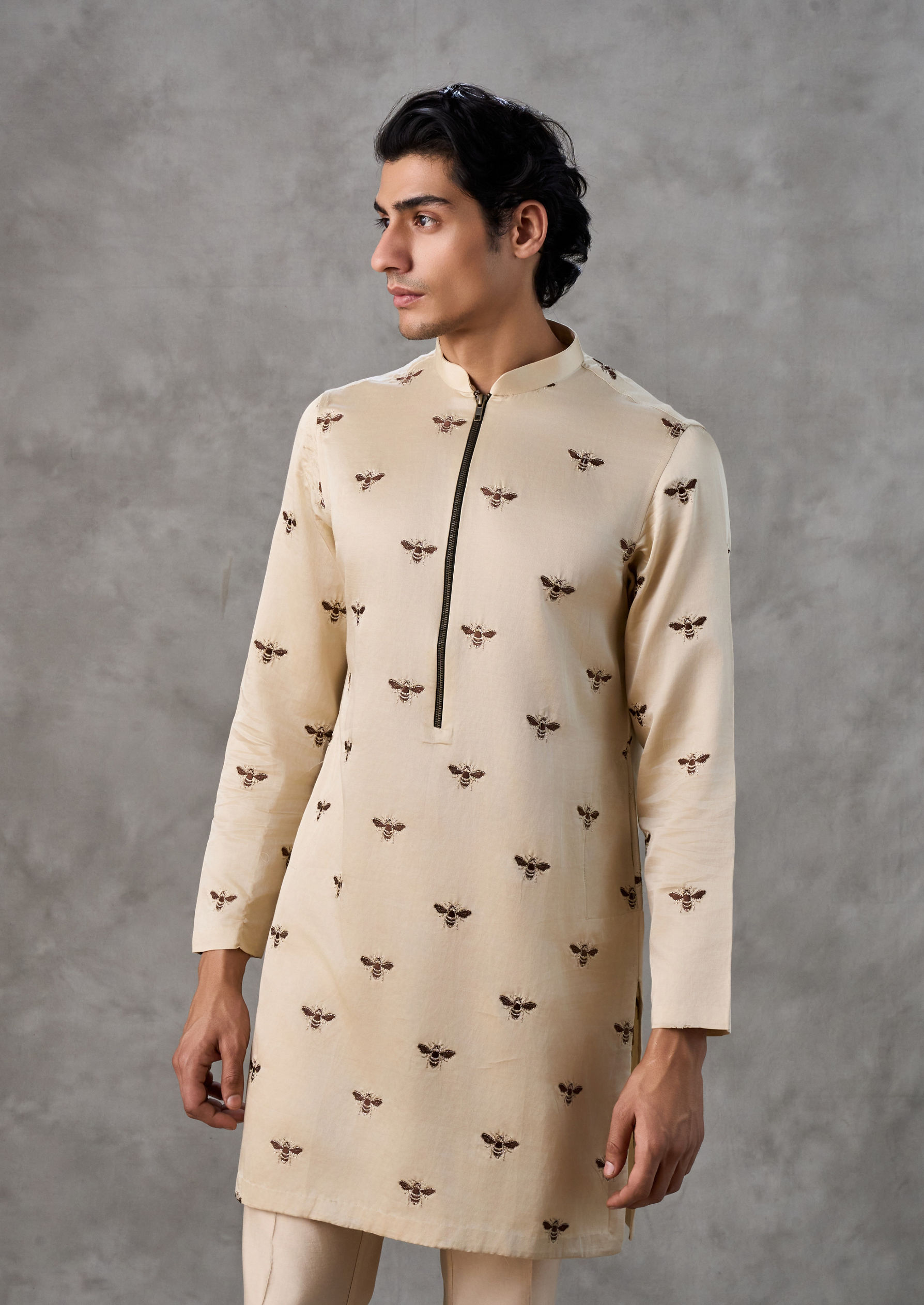 Twamev Men Beige Satin Splendor Kurta Churidar