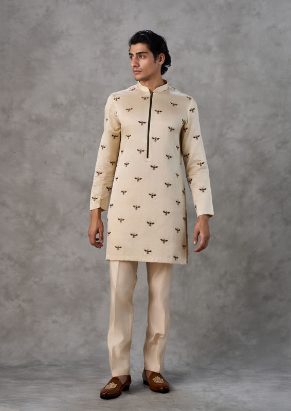 Twamev Men Beige Satin Splendor Kurta Churidar