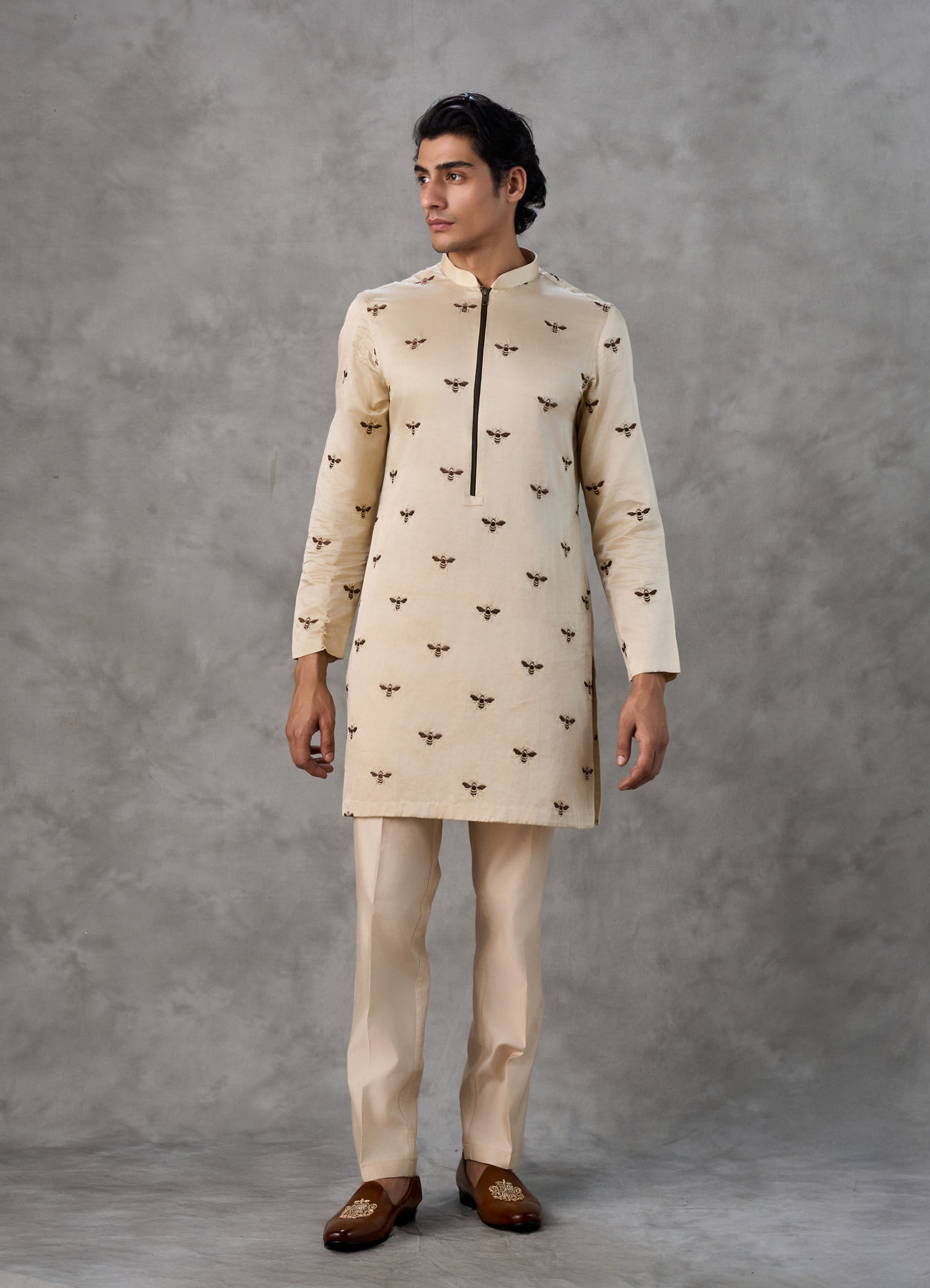 Twamev Men Beige Satin Splendor Kurta Churidar