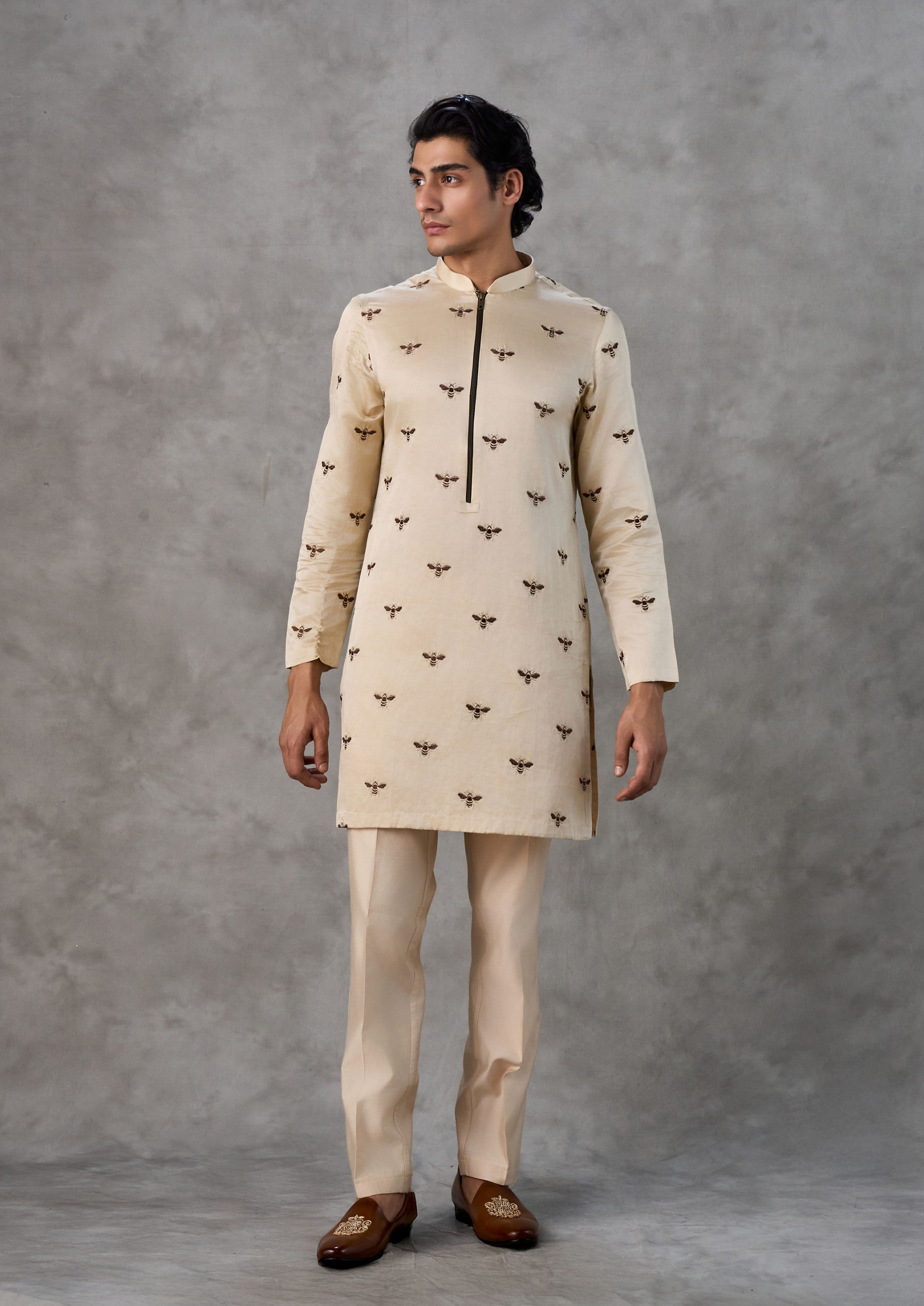 Twamev Men Beige Satin Splendor Kurta Churidar